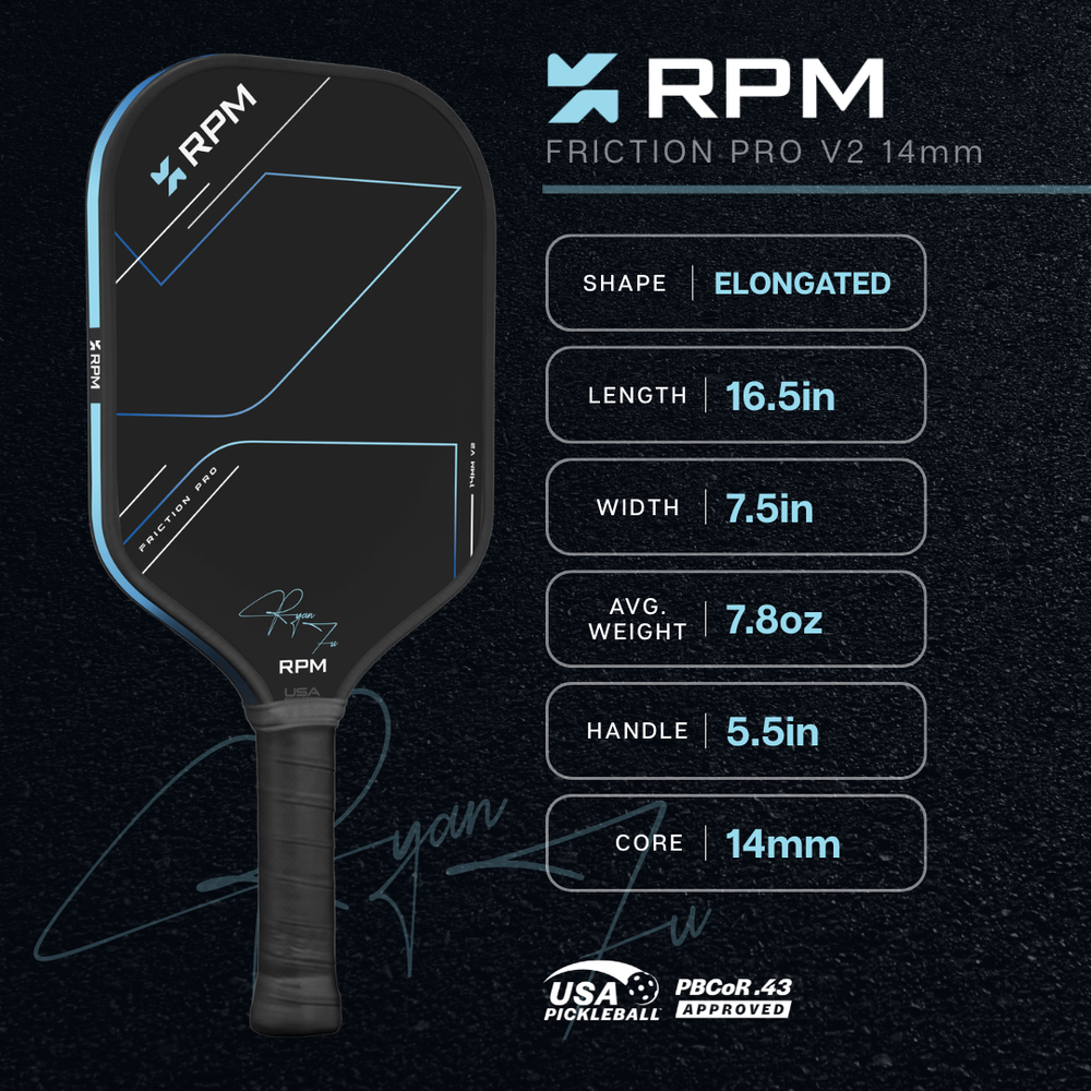RPM Friction Pro Elongated V2 Carbon Fiber Pickleball Paddle | Pickleball Sports