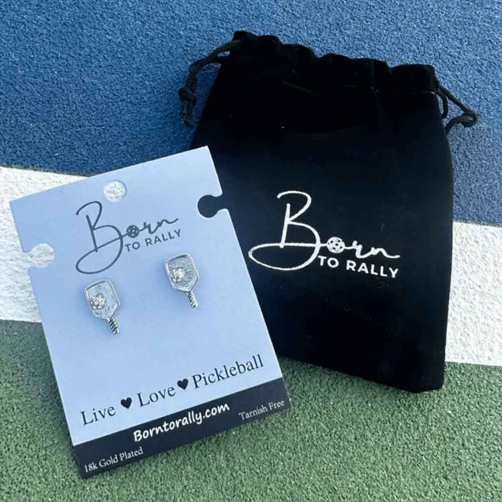 Born to Rally Pickleball Paddle Stud Earrings | Pickleball Sports